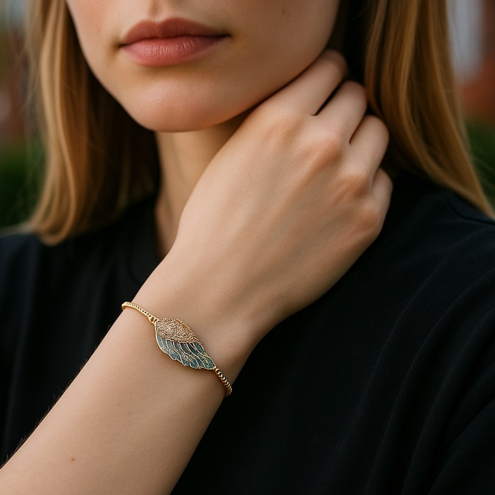 14K GP paved Angel wing Bracelet blue & clear CZ adjustable size